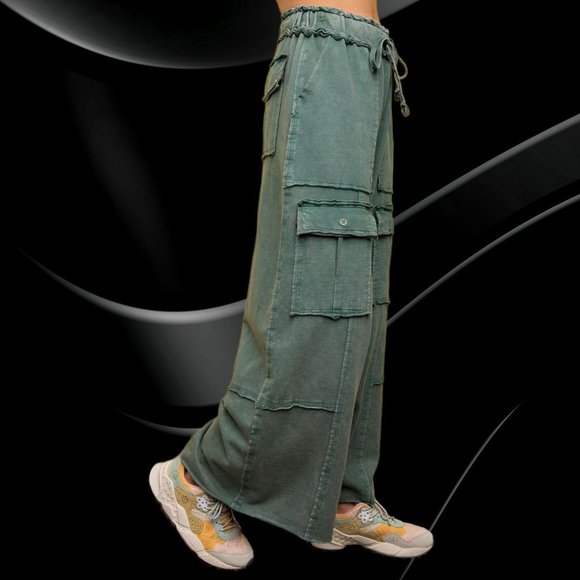 easel Pants & Jumpsuits Easel Feeling Good Cargo Mineral Washed Wide Leg Utility Pants Raw